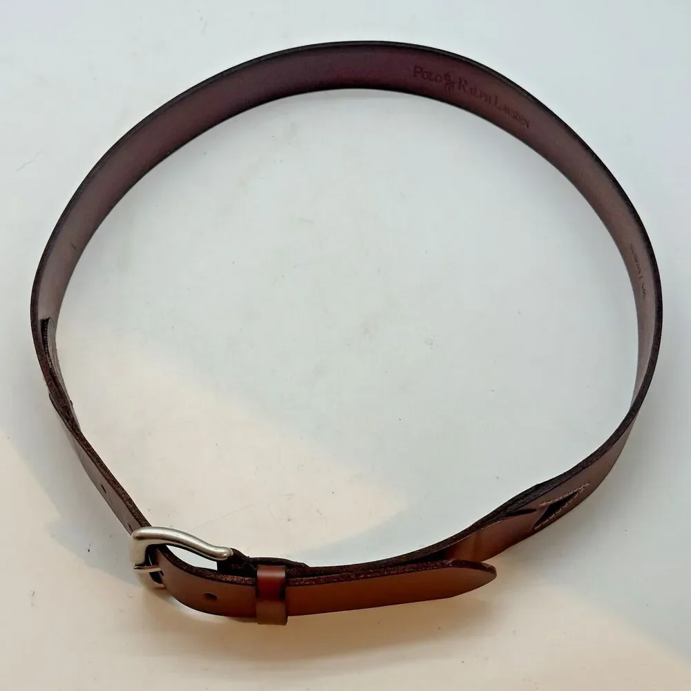 Polo Ralph Lauren Brown Leather Belt Men's 38 Solid Brass Silver Plated Buckle